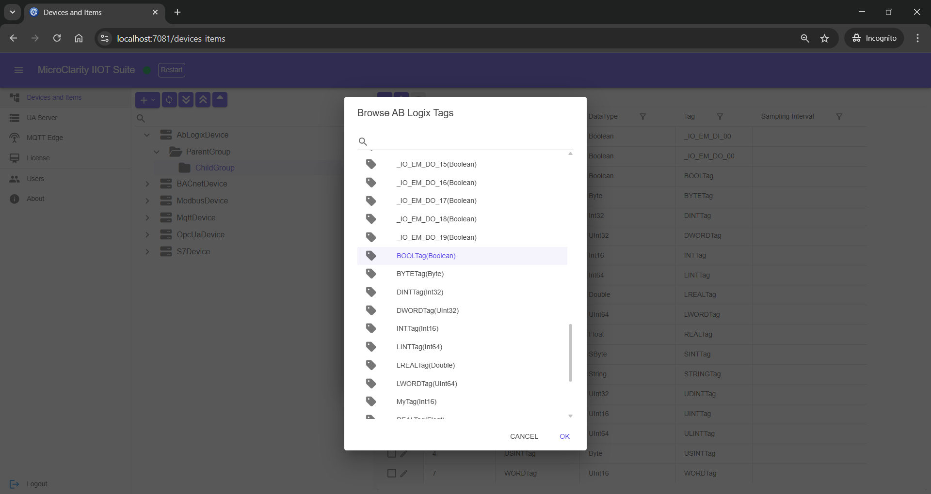 Add item by browsing Allen Bradley PLC