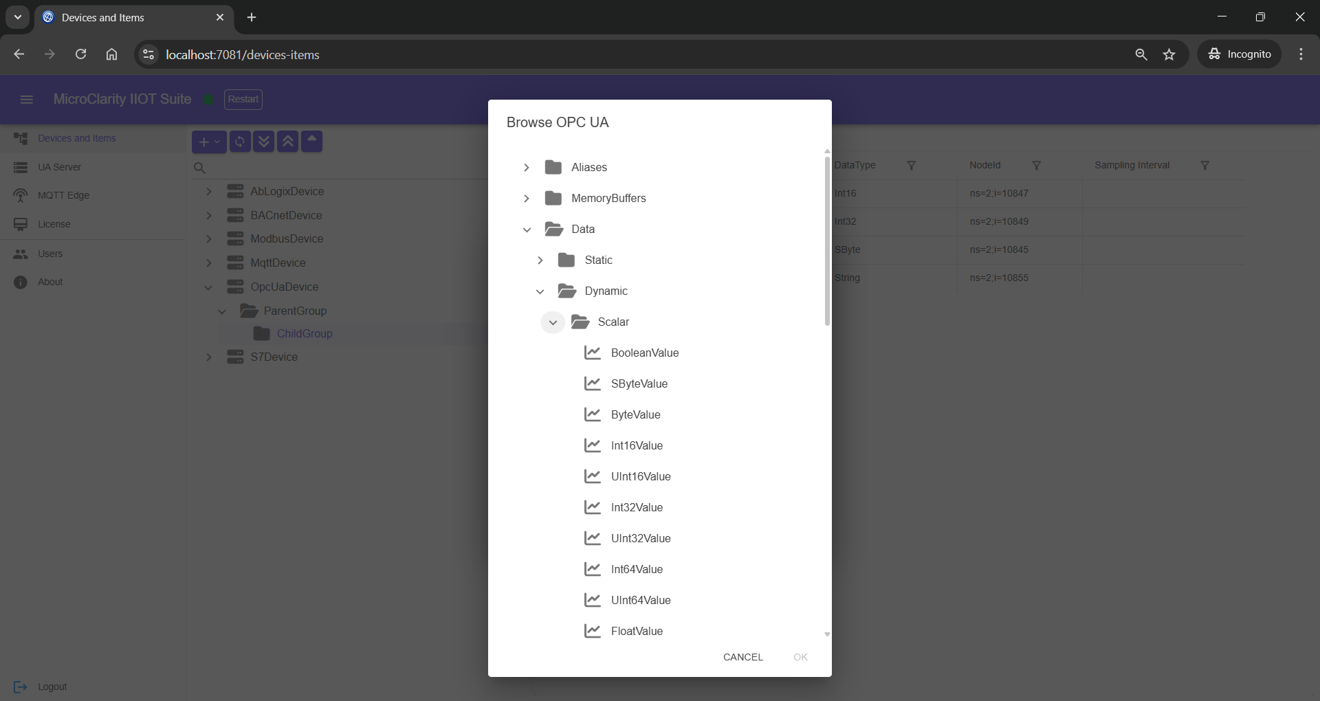 Add item by browsing OPC UA Server