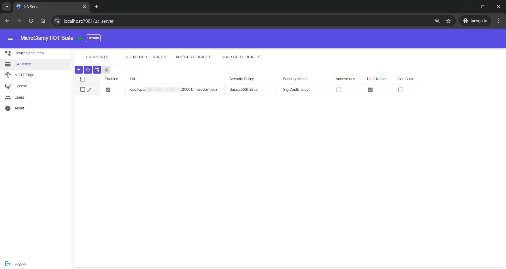 OPC UA server settings