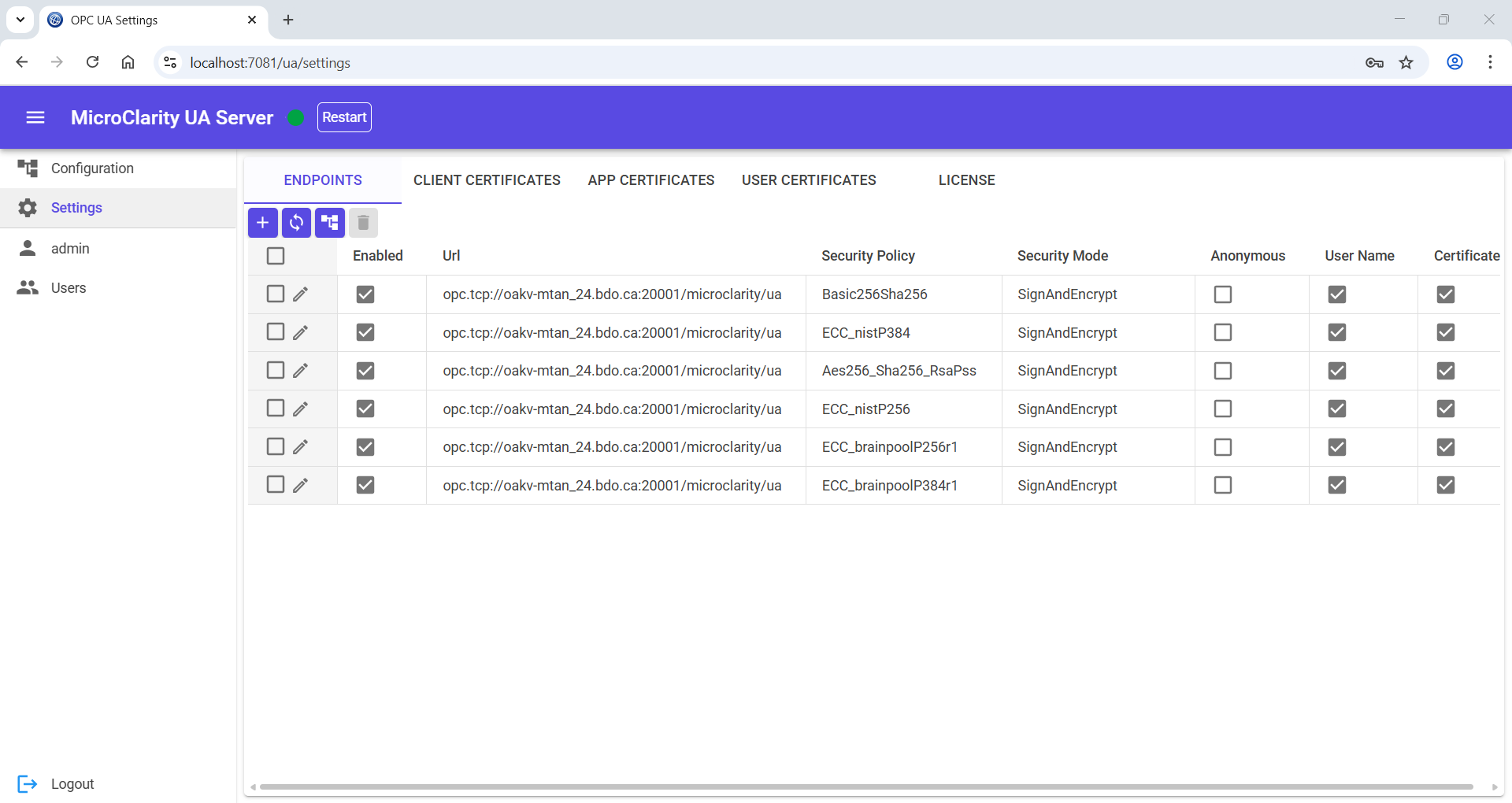 OPC UA server settings